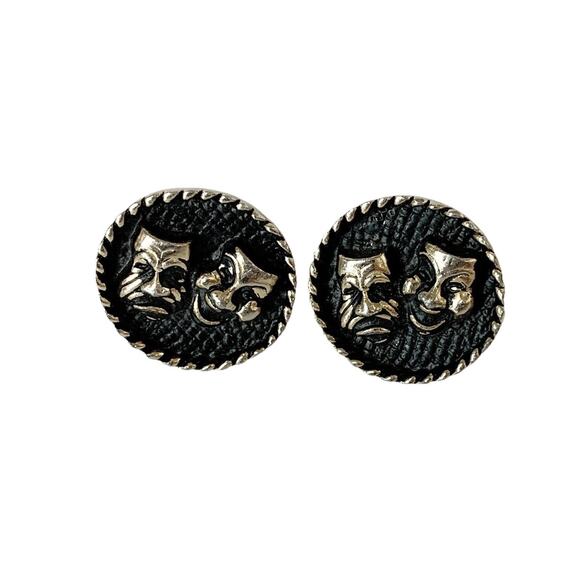 Vintage 50’s Men’s Cuff Links Theater Masks Laughing Crying Tragedy Black Silver - Picture 1 of 4